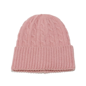Pink cable-knit beanie with ribbed cuff for women, soft thermal winter knit hat