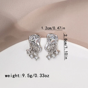 Detail of silver geometric tassel earrings with crystals and precise dimensions