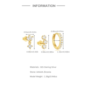 Detailed spec sheet showing S925 sterling silver earrings set with zircon dimensions