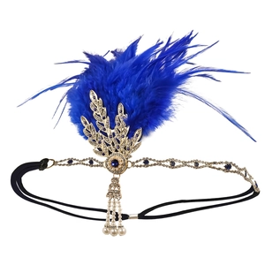 Detail of vintage 1920s headpiece with blue feathers, rhinestones and pearls on black band