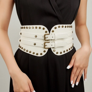 White vintage elastic corset belt with leather texture and antique brass metal buckles