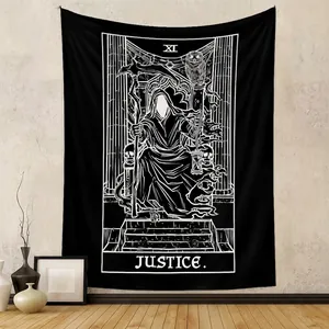 Arazzo Tarocchi Giustizia XI Poliestere Nero Bianco Gotico Misterioso Appeso Parete Camera Da Letto Soggiorno Arte Decor