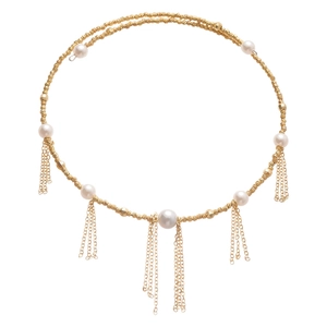 Elegant gold choker necklace featuring pearls and long metallic tassels on a white background