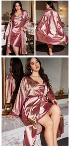 Detail of plus size floral satin sleepwear set featuring lace-up robe and slip dress