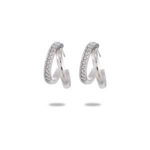 Pendientes de aro en C de acero inoxidable plateado de 18K con circonitas cuadradas