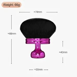 Macro detail of large purple powder brush with dimensions and 66g weight specifications