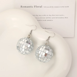 Disco Ball Dangle Earrings With Reflective Mirror Glass And Alloy Hooks For Christmas Party Retro Style