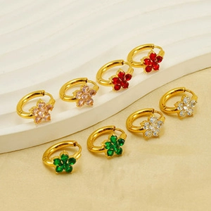 Close-up of 18K gold plated hoop earrings featuring colorful zircon floral patterns