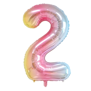 Detail of a large 40-inch gradient number 2 foil balloon with vibrant metallic colors