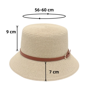 Detailed size specifications for the straw hat showing brim and height measurements