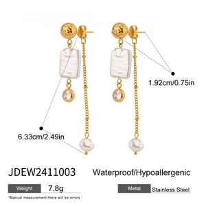 Detailed size and specs of stainless steel pearl bow earrings with tassel length 6.33cm