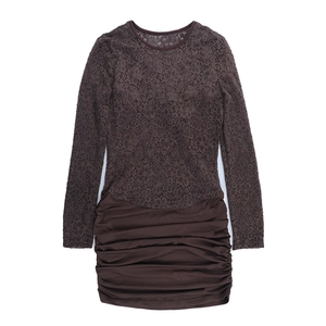 Detail of coffee brown bodycon dress with sheer lace sleeves and ruched skirt design