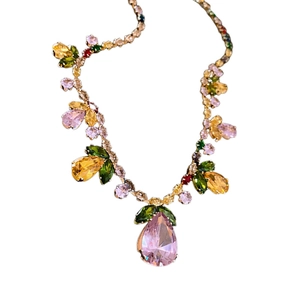 Colorful zircon leaf necklace with large pink pear-shaped drop pendant on gold chain