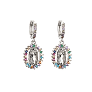 Silver Guadalupe earrings with colorful zircon inlay for a unique religious design