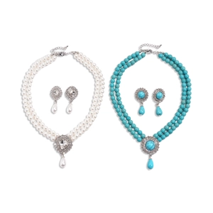 Bohemian double-layer necklace set with turquoise pearls and teardrop pendants