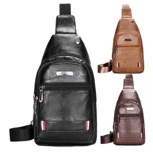 Men Chest Bag Sling Crossbody PU Leather Litchi Pattern Waterproof Business Casual Multi Pocket With Headphone Hole