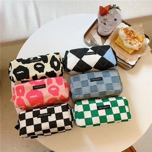 Canvas Pencil Case Large Capacity Makeup Bag Checkerboard Leopard Print Zipper Stationery Organizer Pouch For Students Girls