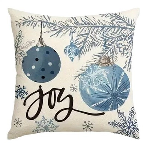 Housse de coussin de Noël en lin avec texte joy bleu et motifs de flocons de neige