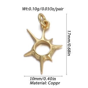 Close-up of 18K gold-plated sunburst pendant with 17x10mm dimensions and weight specs