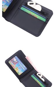 Detail of bifold wallet interior showing card slots, ID window, and zipper pocket