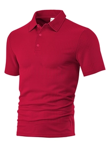 Close-up of red men's polo shirt featuring a detailed waffle knit texture and M size label