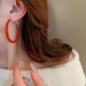 Retro burgundy enamel hoop earrings for women featuring a high-gloss geometric design