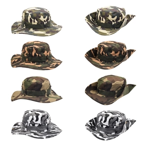 Detail view of four camouflage boonie hats in woodland, desert, and tactical patterns