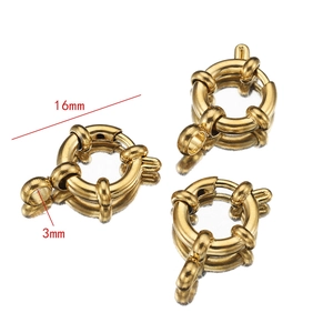 Macro view of 16mm gold plated stainless steel spring ring clasps with measurements