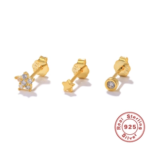 Elegant S925 sterling silver gold stud earrings set featuring star and zircon patterns