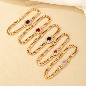 Luxury Cuban Link Bracelet With Oval Rectangle Colorful Cubic Zirconia Gold Plated Alloy Jewelry For Women Elegant Versatile