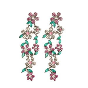 Vintage floral drop earrings with shiny rhinestones and colorful leaf crystal tassels