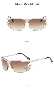 Detailed front and side views of silver flame sunglasses with tea gradient lenses