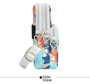 Side view of floral oxford phone bag showing three zipper layers and heart metal pulls