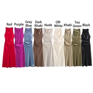 Satin Polyester Midi Kleid Mit Wasserfallausschnitt Ärmellos Seitlich Gerafft Schlanke Passform Elegant Abendparty Damen