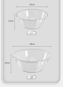 Size chart showing diameter and height for medium and large clear plastic washbasins