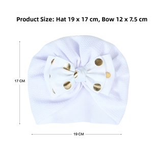 Detailed size chart for newborn white turban hat with gold polka dot bow decoration