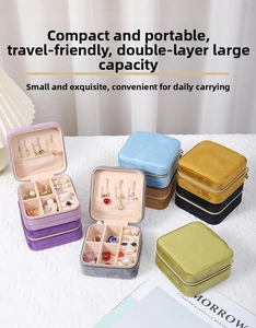 Macro shot of colorful velvet travel jewelry boxes with multi-layer storage and zippers