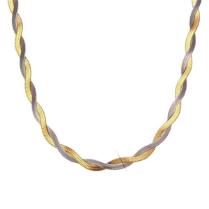 Detailed macro view of two-tone gold and silver twisted rope snake chain necklace