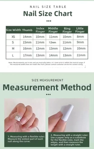 Size guide for cat eye press-on nails featuring width dimensions for XS to L sizes
