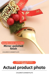 Close-up of golden stainless steel spoon with mirror polishing and Christmas decor