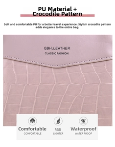 Detailed close-up of lavender faux leather texture with crocodile pattern and brand logo