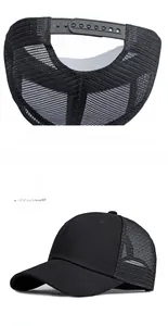 Detail of adjustable snapback closure and breathable mesh on a black trucker baseball cap