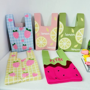 Knit Handbag Women Small Crochet Tote Bag Fruit Pattern Strawberry Lemon Apple Polyester Casual Korean Ins Style