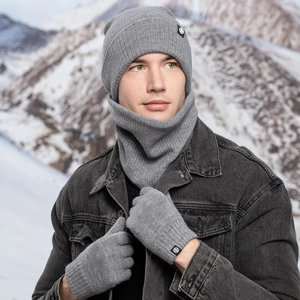 Winter 3-piece set with grey knit beanie, scarf, and gloves for outdoor warmth