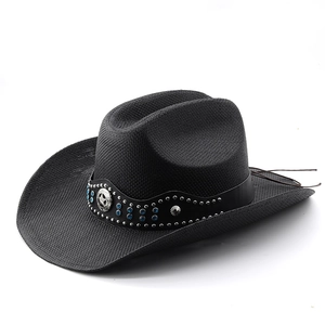 Black western cowboy straw hat with silver stars and blue gemstone leather band
