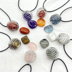 Natural Gemstone Spiral Cage Necklace With Raw Crystal Amethyst Rose Quartz Alloy Pendant And Black Wax Cord