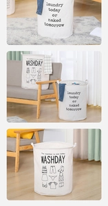 Vertical collage showing foldable canvas laundry basket with laundry today slogan in home settings