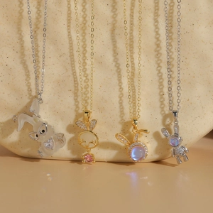Luxury Copper Resin Rabbit Pendant Necklace For Women Elegant Zirconia Animal Shape Necklace Ins Style Electroplated Jewelry