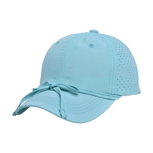 Close-up of light blue quick-dry baseball cap with bow knot and laser-cut vents