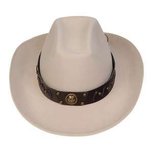 Detail of beige felt cowboy hat with brown leather band and gold horseshoe emblem